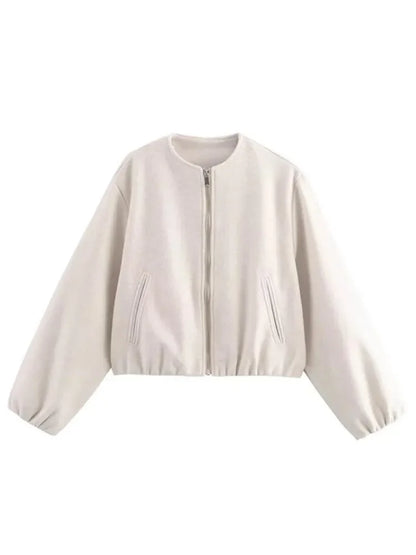 Damen Mode Herbst Winter Jacke Frauen Retro Rundhals Langarm Elastische Saum Zipper Weiche Bomber Jacke Frauen Mantel Weibliche
