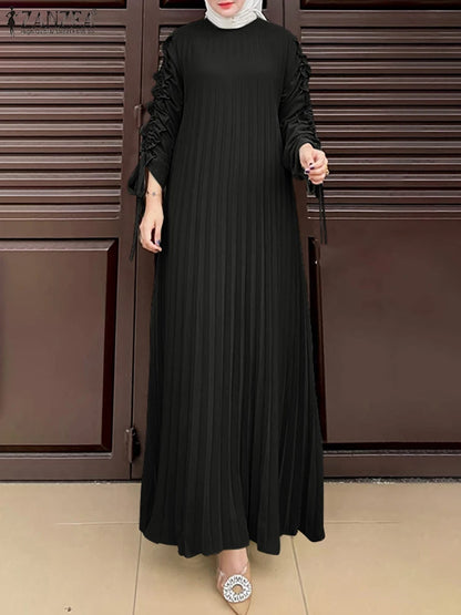 Muslim Hijab Dresses Abaya ZANZEA Spring Maxi Sundress Women Fashion Long Sleeve Pleated Party Dress IsIamic Clothing Robe Femme