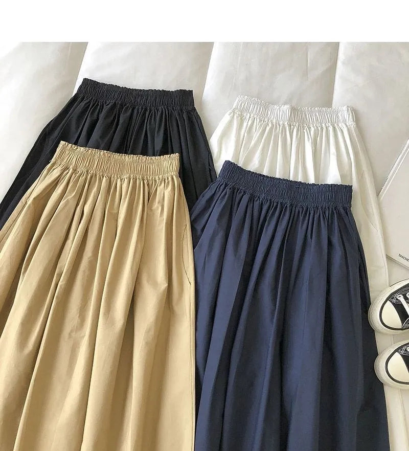 Women Black skirt midi High waist korean style Pleated a line Vintage Clothing 2025 new Summer Casual Fashion Ladies Work Wear.
