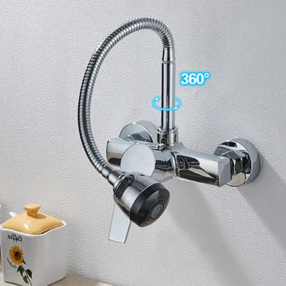 Chrome/black wall-mounted swivel, two-way spout, water stream sprayer, hot and cold water flexible hose kitchen mixer tap