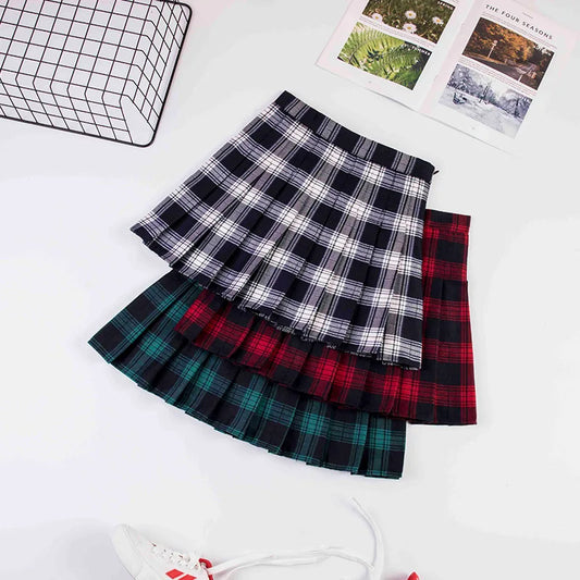 2023 Women A- line Skirt Red Plaid Skirt korean harajuku plaid skirt Spring and Autumn New Pleated High Waist Skirt.