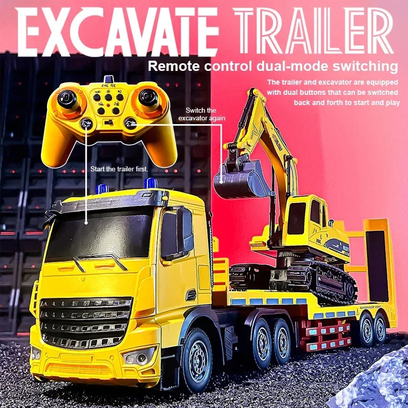 2 In 1 Rc Truck Combination Set Trailer Flat Trucks with 11Ch Excavator Engineer Vehicle 2.4G Remote Control Car Christmas Gifts.