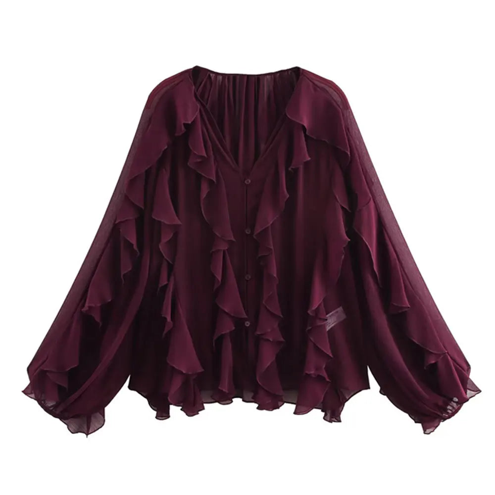 Women Fashion With Ruffles Semi-sheer Blouses V Neck Long Sleeve Button-up Female Shirts Chic Tops