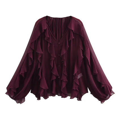 Women Fashion With Ruffles Semi-sheer Blouses V Neck Long Sleeve Button-up Female Shirts Chic Tops