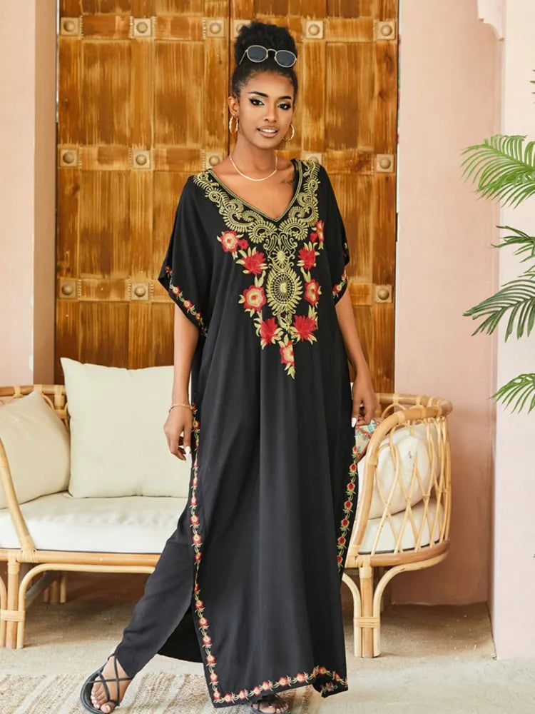 Women Embroidered Kaftan Dress Caftan Loungewear Long Bathing Suit Cover Up Beach Wear Vacation Outfit Loose Summer Women's Robe.