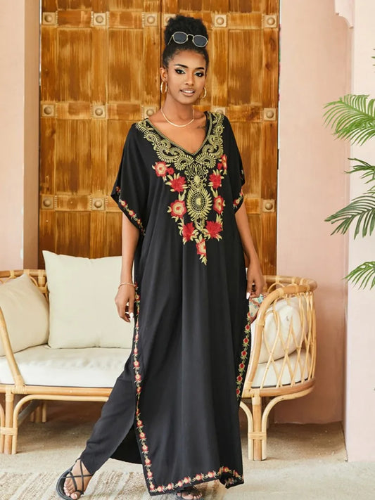 Women Embroidered Kaftan Dress Caftan Loungewear Long Bathing Suit Cover Up Beach Wear Vacation Outfit Loose Summer Women's Robe.