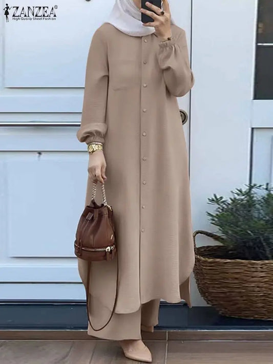 ZANZEA Vintage Muslim Suit Solid Color Lapel Neck Long Sleeve Blouse Pant Ramadan Islamic Clothing Fashion Casual Turkey Outifit.