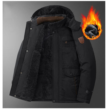 New Autumn/Winter Men's Fleece-Lined Thickened Cotton Coat Casual Vintage Workwear Jacket with Detachable Hood Multiple Pockets