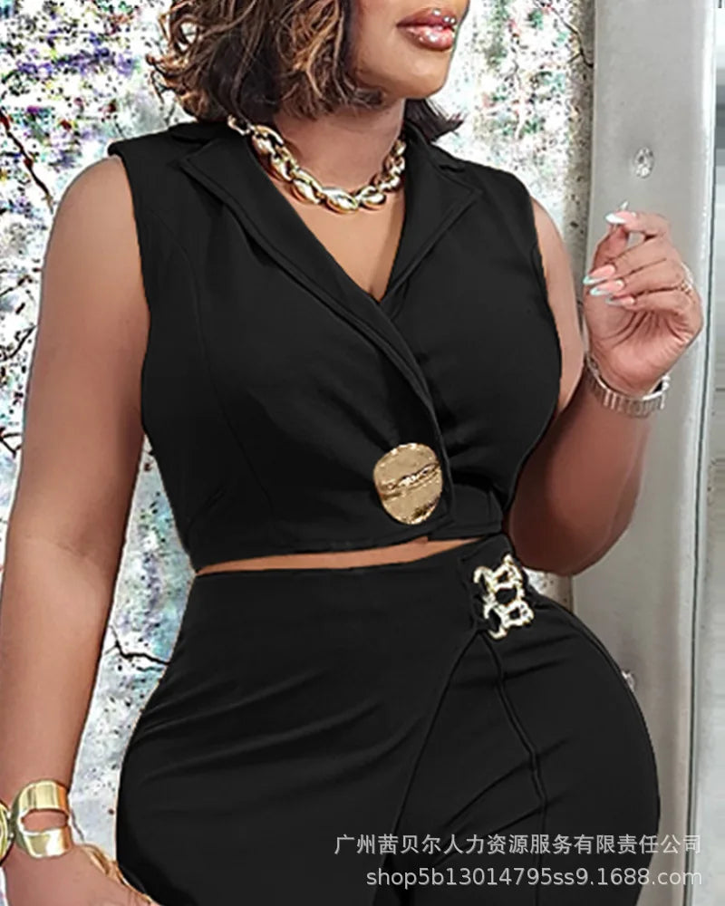 Two Pieces Women Pant Sets Casual Matching Sets Spliced Sleeveless Turn Down Collar Top Empire Waist Wide Leg Pant 2025 Autumn.