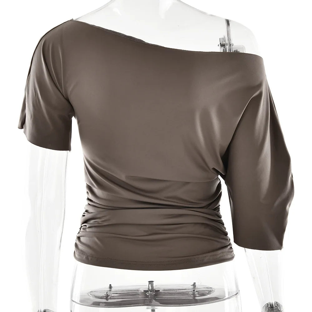 Cryptographic One Shoulder Ruched Asymmetrical Tops for Women Outfits Sexy Short Sleeve Casual Tops Slim T-shirts Summer Clothes.