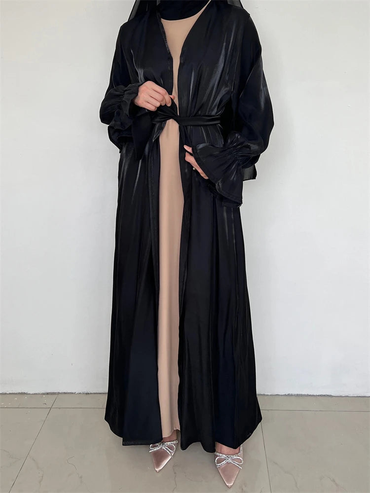 Ramadan Black Satin Muslim Kimono Abaya Turkey Islam Modest Hijab Dress Jalabiya For Women Kebaya Robe Femme Musulmane Kaftan.