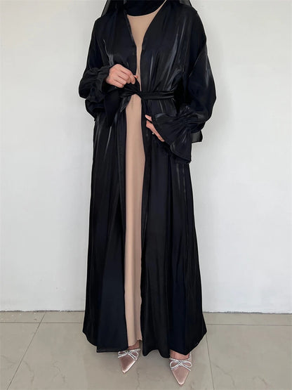 Ramadan Black Satin Muslim Kimono Abaya Turkey Islam Modest Hijab Dress Jalabiya For Women Kebaya Robe Femme Musulmane Kaftan.