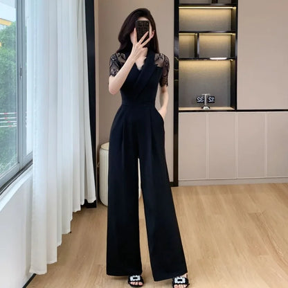 V-neck Solid Office Jumpsuit Women Elegant High Waist Wide Leg Pants Overall 2025 Fashion Slim Hollow Solid Color Romper.