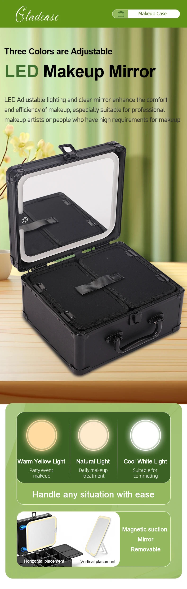 GLADCASE 2025 Portable Makeup Case with adjustable LED light Mirror carry Cosmetic Box Organizer train Beauty for dailry travel.