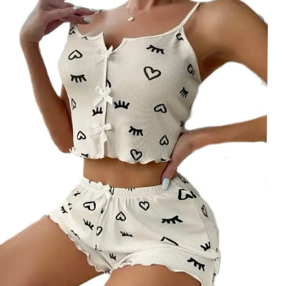 Damen Sexy Pyjamas Herz Wimpern Bedrucktes Pyjama Set V-Ausschnitt Camisole Top Shorts Loungewear.