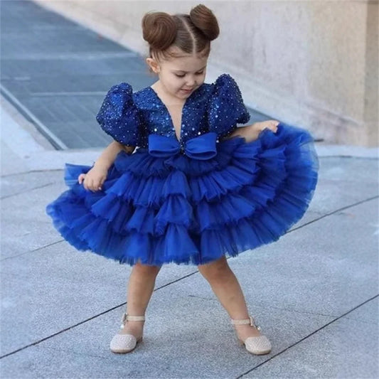 Kinder Abendkleid Pailletten Puffärmel Prinzessin Kleid Mesh Puffed Kleid Geburtstag Party Host Kleid