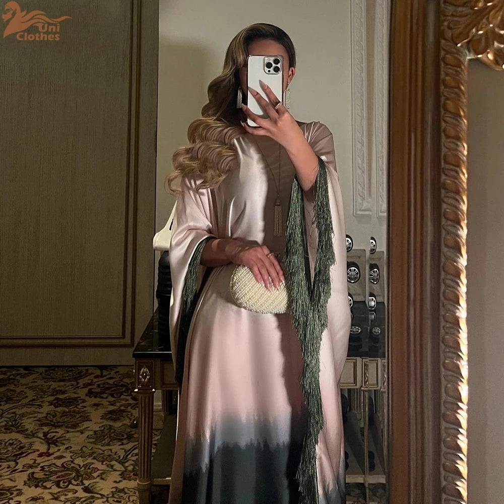 Uni Tassel Gradient Dubai Muslim Abaya For Woman O-Neck Elegant Casual Loose Moroccan Saudi Kebaya Fashion Party Dress 2025.