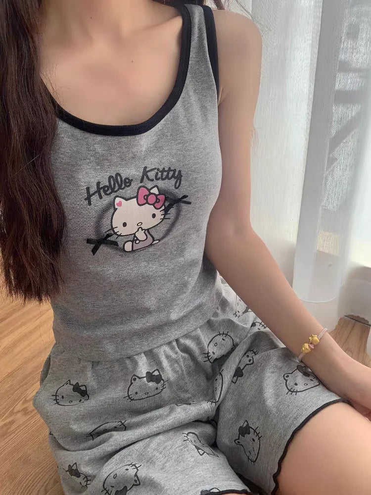 Hello Kitty Pyjama-Set für Damen, niedliche Nachtwäsche, Cartoon, ärmellos, Tank-Top, Shorts, Zuhause, Sommer, gemütliche Loungewear, Geschenk für Mädchen, Sanrio.