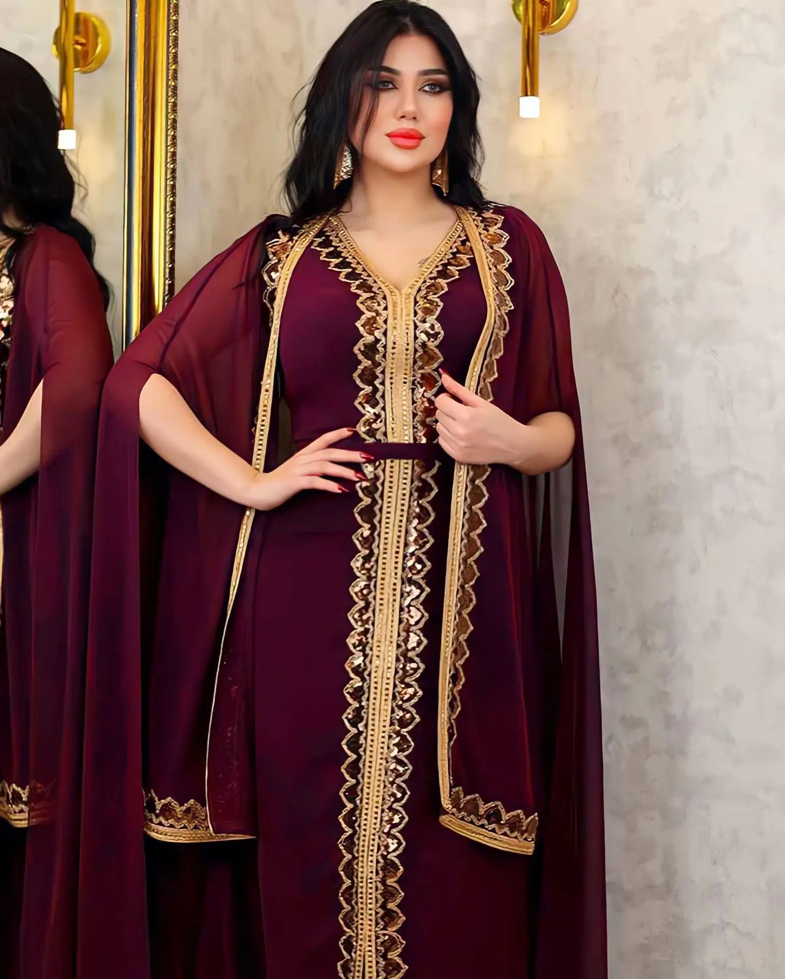 Elegant Muslim Abaya for Women Dress 2 Piece Set Chiffon Cloak Caftan Indian Party Dresses Sequins Kinono Robe Vestidos Abayas.