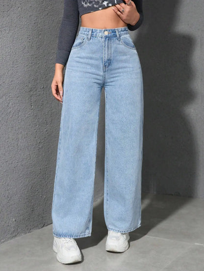 Retro Loose Wide Leg Jeans Fashion Women Solid Straight Wash High Elastic Waist Denim Pants Casual Streetwear Pocket Trousers.