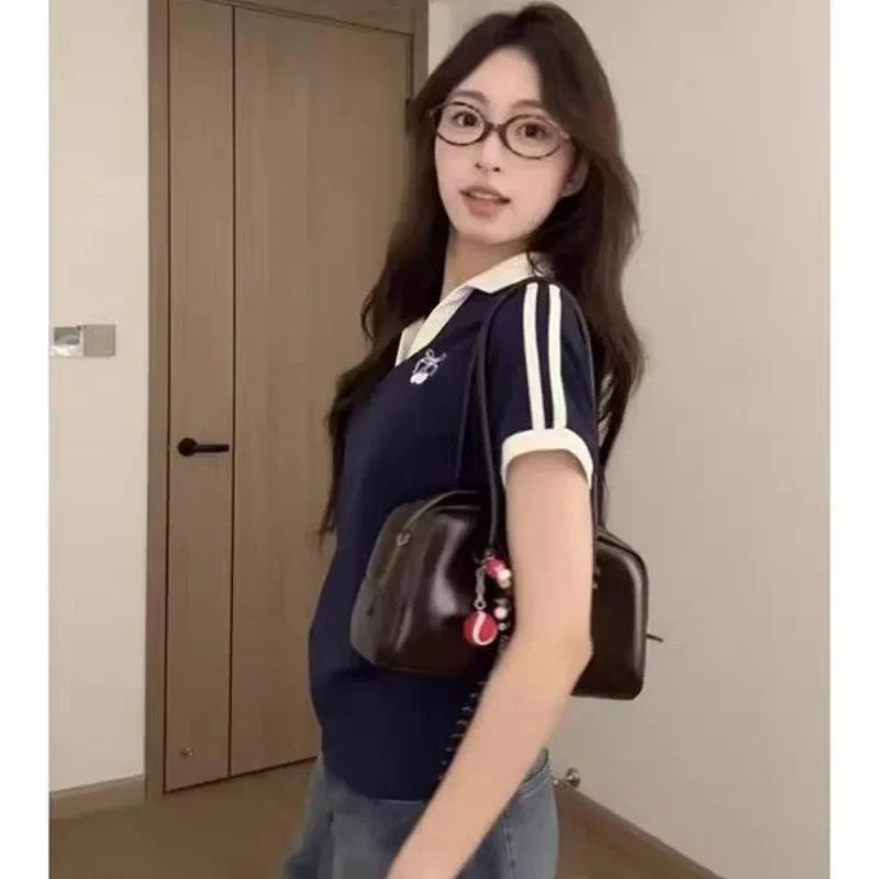 Korean Style Sweet Cool Polo Neck Color Block T-Shirt Women's Fashion Autumn Versatile Short Sleeve Mixed Fabric T-Shirt.