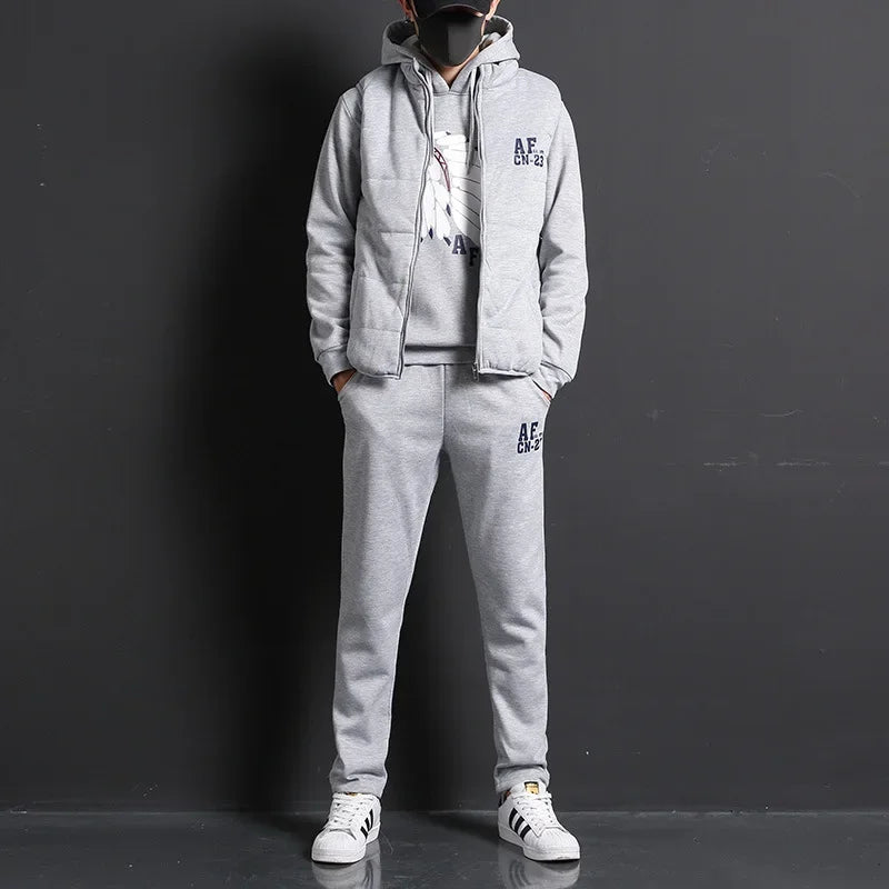 3 Pieces Set Hoodies+Vest+Pants Casual Men's Track Suit Clothing Coats Winter Thick Warm Tracksuit for Men Printed Mens Set Vest.