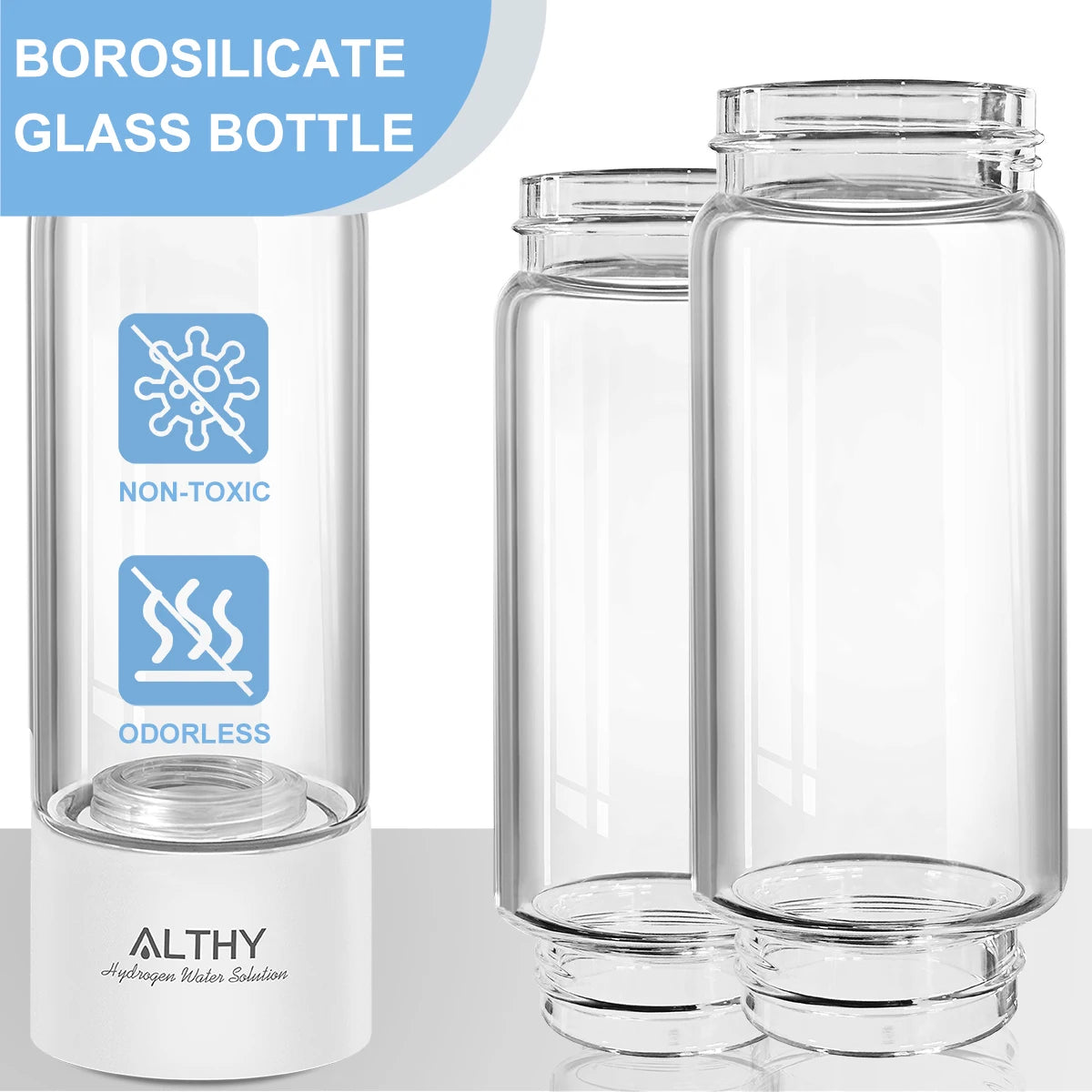 ALTHY Hydrogen Rich Water Generator Bottle - Glass Cupbody - DuPont SPE & PEM Dual Chamber Maker Ionizer - H2 Inhalation Device.