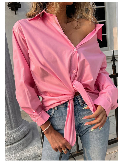 New Long Sleeve Ladies Tops Blouses Button Down Casual Shirt Women Turn-down Solid Collar Loose Blouse Women.