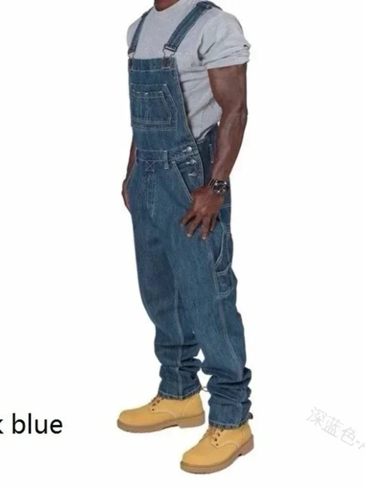 Mens Jeans Overalls Men Jumpsuit Pockets Casual Loose Long Denim Pants Straight Rompers Autumn Plus Size Punk Biker One Piece.