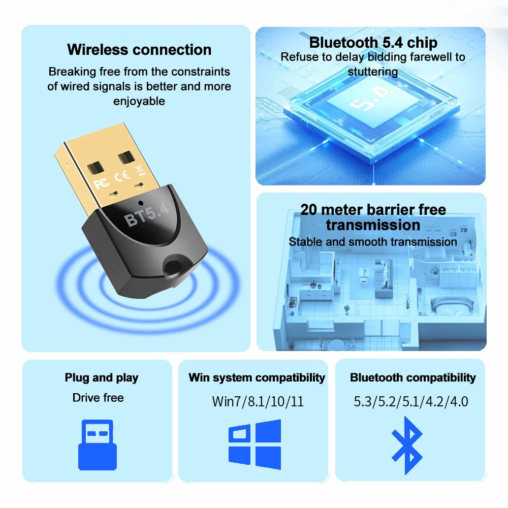 USB Wireless Bluetooth Adapter Bluetooth 5.4 for PC Dongle Adaptador Wireless Mouse Keyborad Music Audio Receiver USB Transmitt.