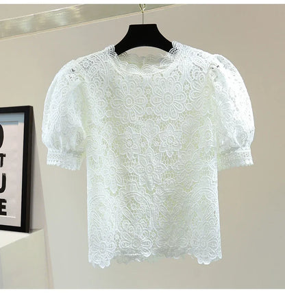 Loose Straight Korean Style Summer Top Pure Color Hooked Hollow out Ladies Lace Shirt Overhead Bubble Sleeve Women's Fashion.