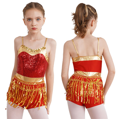 Kinder Mädchen Latin Tanz Kostüm Jazz Samba Cha-Cha Eiskunstlauf Trikot Kleid glänzende Pailletten Quaste Bodysuit für Bühnen performance