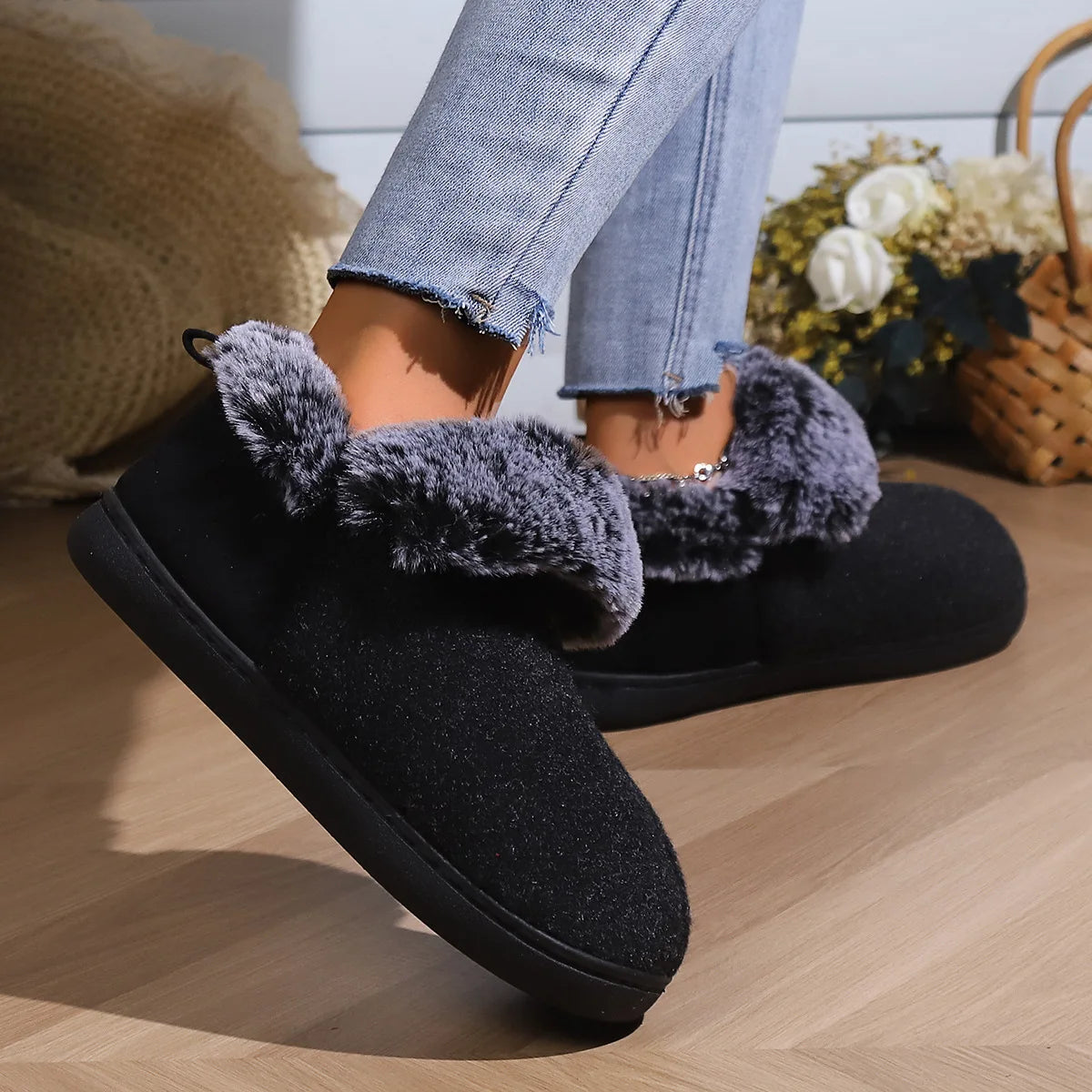 Smile Pop New Men Plush Slippers Indoor Fluffy Fur Home Men Slippers Outdoor Warm Closed Soft Non-slip Fuzzy Winter Men Shoes.