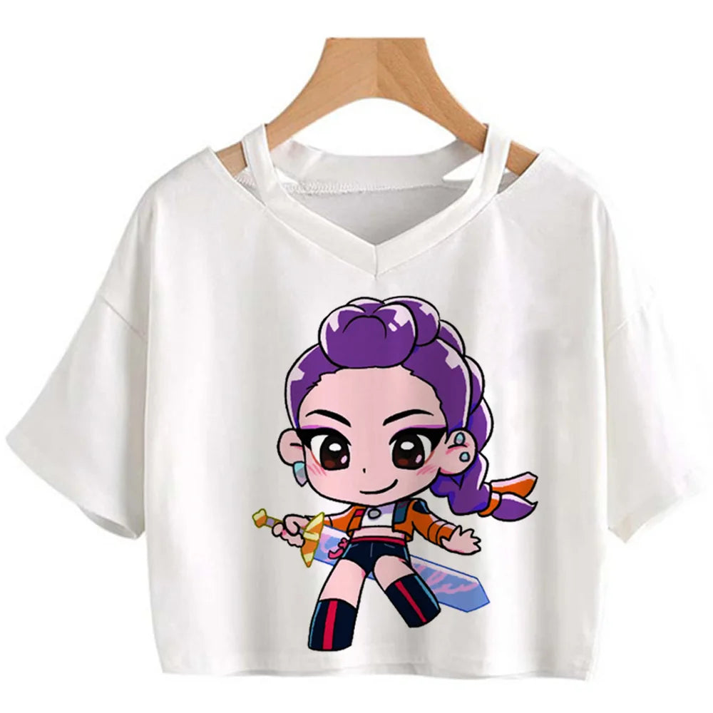 Kpop Demon Hunters Girls O-Neck Casual Women Summer Shirts Crop T-shirt.