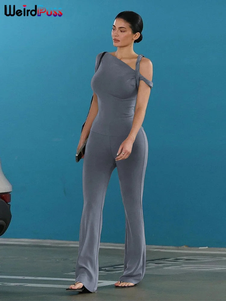 Weird Puss Irregular Knot Women 2 Piece Sets Stretch Casual Short Sleeve Tank Tops+Flare Pants Matching Outfits Slim Streetwear