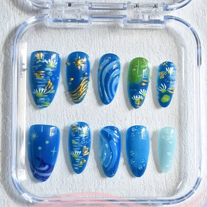 10pcs Handmade Press on Nails Cartoon Shark Pattern Design Fake Nails Wearable Detachable Ins Simple Almond Shaped False Nails.