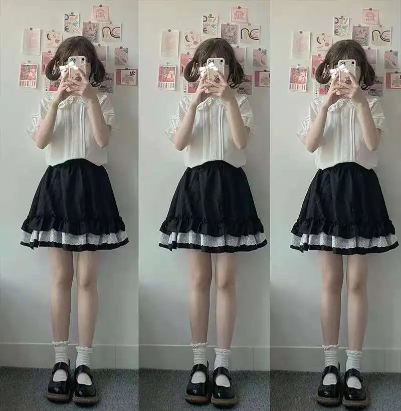 Shirts Women Japanese Style Pure Slim Summer Kawaii Schoolgirl Jk Daily Blusas Short Sleeve Casual Preppy Mujer Peter Pan Collar.