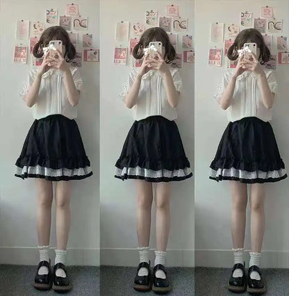 Shirts Women Japanese Style Pure Slim Summer Kawaii Schoolgirl Jk Daily Blusas Short Sleeve Casual Preppy Mujer Peter Pan Collar.