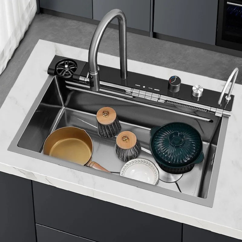 Stainless Steel Kitchen Sink Waterfall Faucet Large Single Sink Intelligent Dishwasher Sink Digital Display and Light Effects