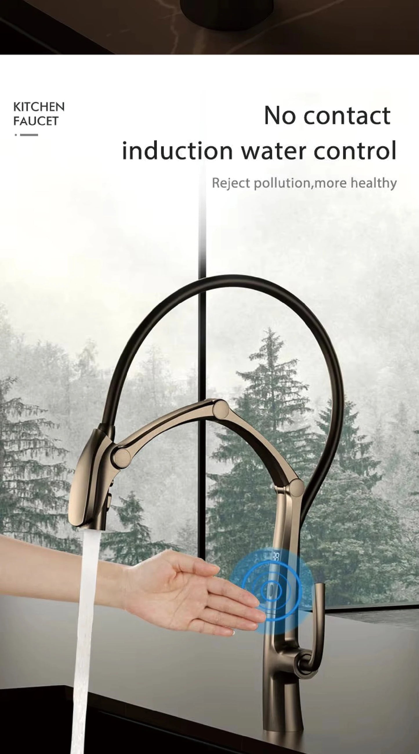 AITANA Gun Grey Luxury Brass LED Display Kitchen Faucet，Touchless Sensor，Pull-Out 3-Function Spray Water-Saving SinK Mixer