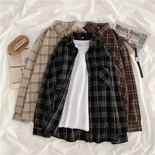 Vintage Plaid Shirts Frauen Herbst Langarm Oversize Button Up Hemd Koreanische Mode Casual Herbst Outwear Tops Blusas Mujer