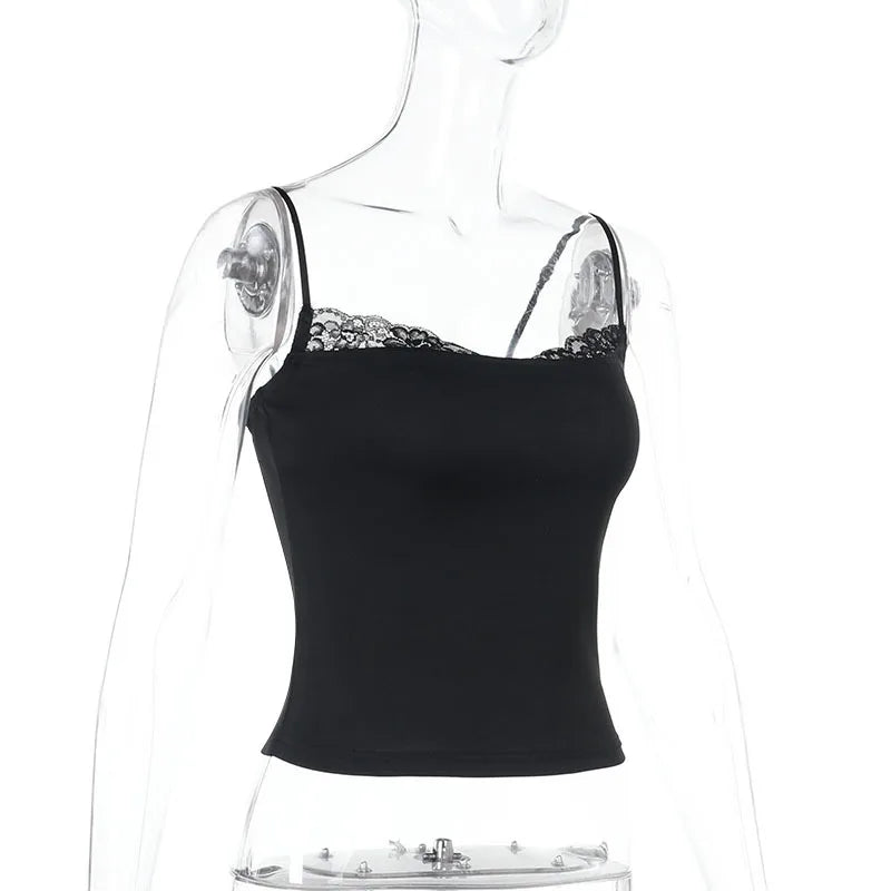 Top Sexy Hot Girl Sommer Slim Fit Einfarbig Spitze Patchwork Hosenträger.