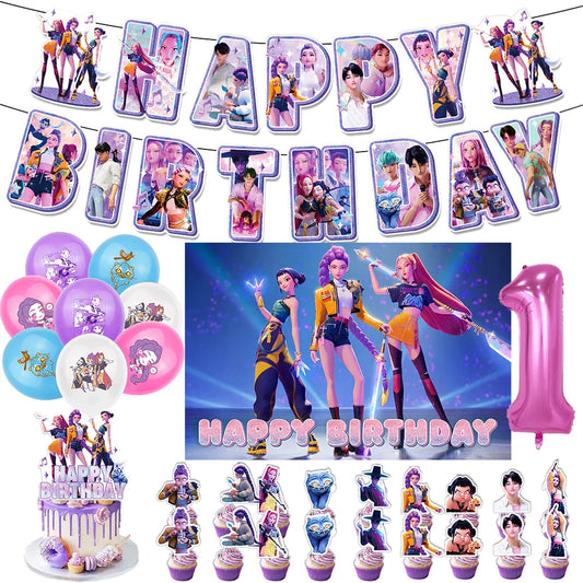 Demon Hunters Geburtstagsdekorationsset Kpop Anime Party Gold Blau Rosa Lila Digital Ballon Kuchen Dekoration Babyparty Zubehör.