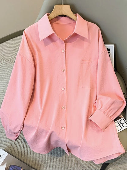 Plus Size Women's Blouses 2025 Spring Autumn Simple Lady Shirts Long Sleeve Big Pockets Shirt Loose Casual Tops