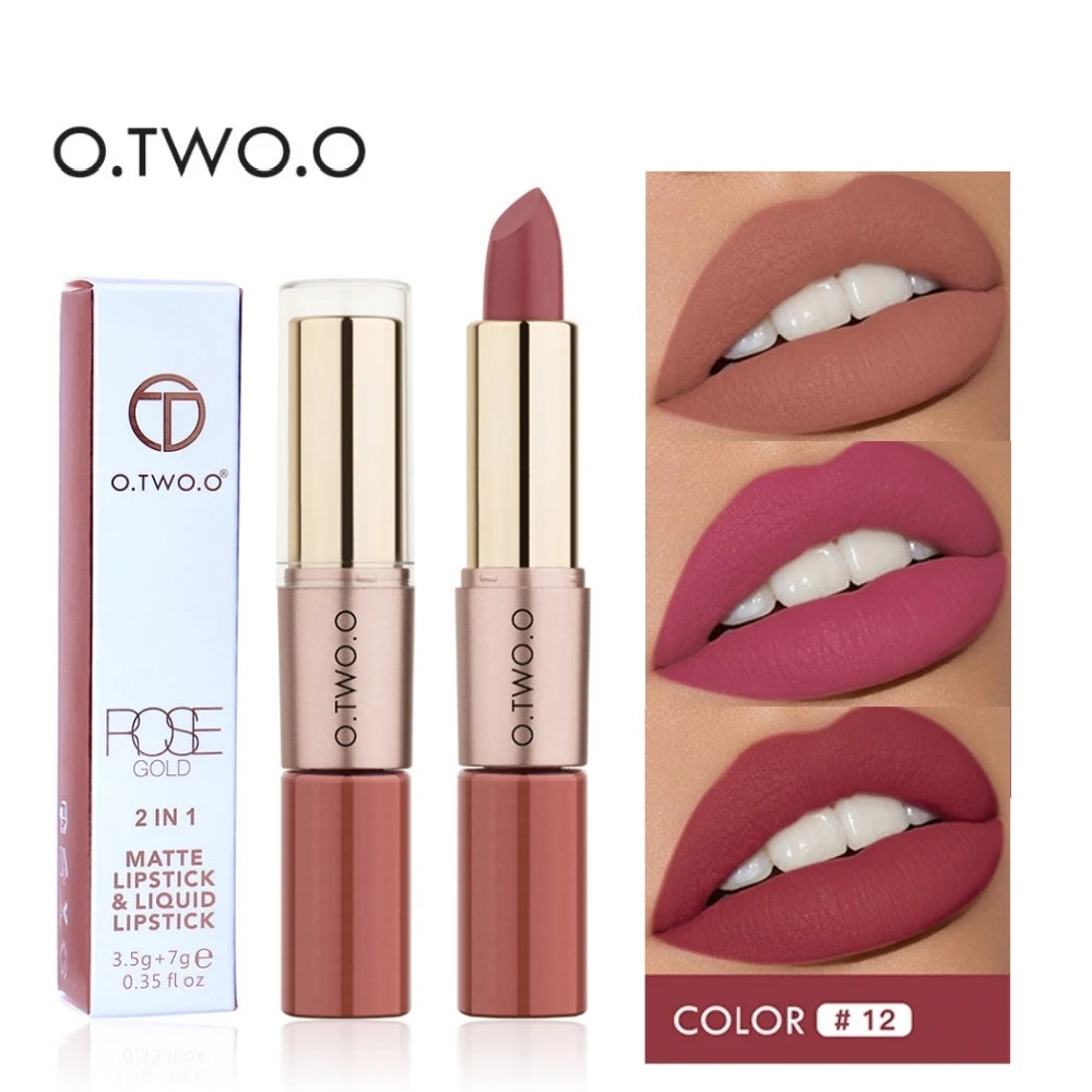 O.TWO.O 2 IN 1 Matte Lipstick&Liquid Lipstick 12 Colors Makeup Lip Glaze Waterproof Batom Lip Cosmetics Silky Texture.