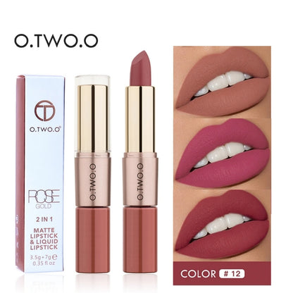 O.TWO.O 2 IN 1 Matte Lipstick&Liquid Lipstick 12 Colors Makeup Lip Glaze Waterproof Batom Lip Cosmetics Silky Texture.