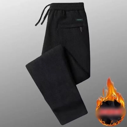 Black gray men's corduroy casual pants with drawstring, thick elastic business pants, mid waist brand winter warm pants.
