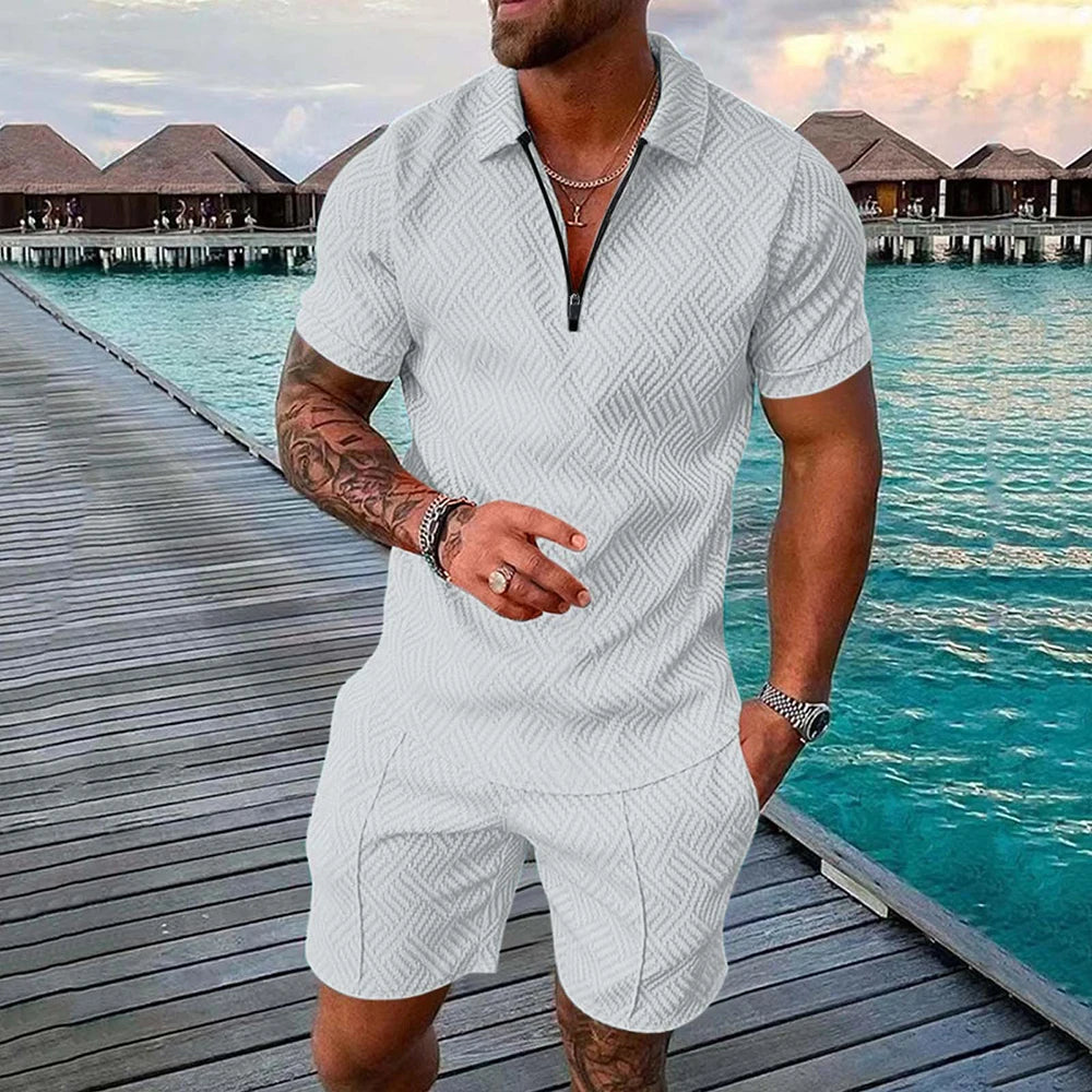 Casual Mesh Lapel short-sleeved Pullover + Shorts Solid Thin Sportswear set, Black suit, men's Sportswear T-shirt Set.