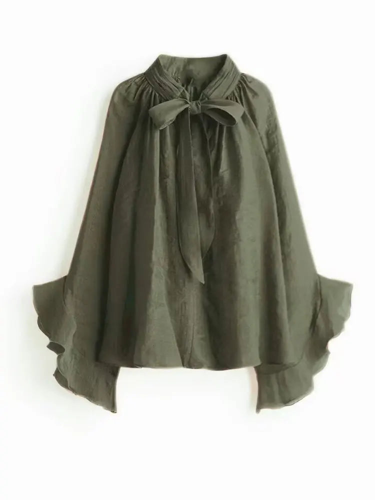 NLZGMSJ Bow DecorationLoose Long Sleeved Blouses For Women New Fashion Ruffle Edge Shirts and Blouses Woman Top.