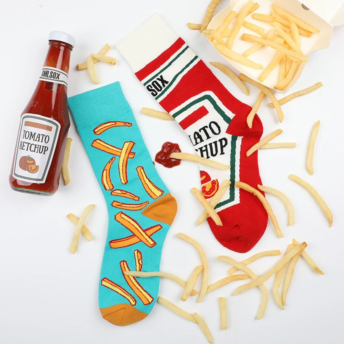 1 Pair Unisex Funny AB Style Tomato Ketchup French Fry Printed Mid-Calf Socks Suit In All Seasons.